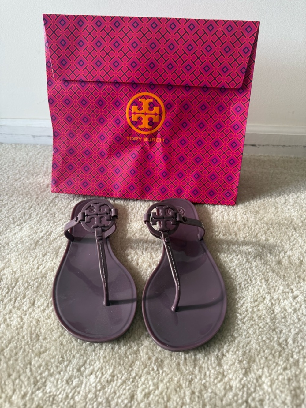 Tory Burch Plum Logo Jelly Thong Sandals